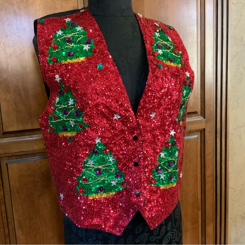 JC 001 Festive Red Sequin Christmas Tree Vest Sequins Christmas Tree Hand Made